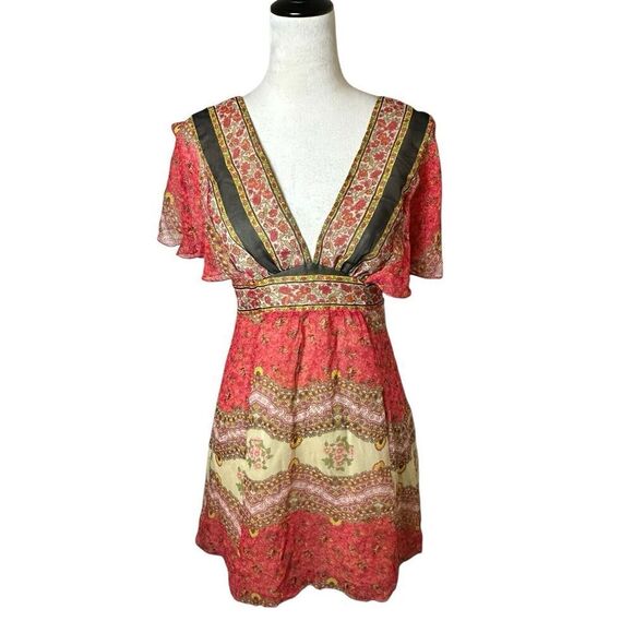 Forever 21 Silk Mini Dress S | Floral Tie Back Empire Plunging V-neck | Y2K Boho - Picture 1 of 9